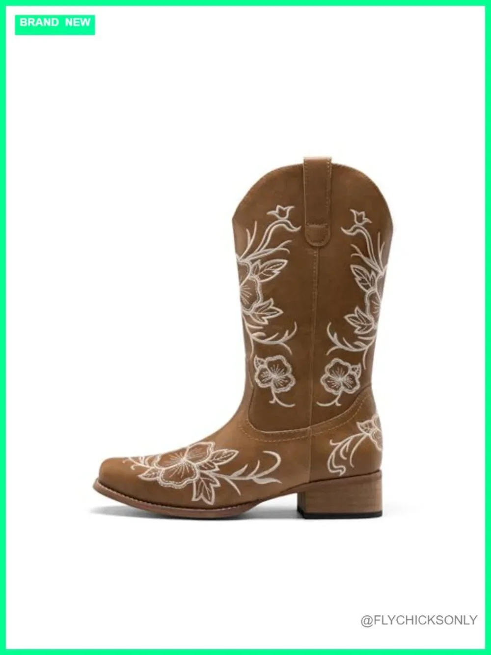 Mid-Calf Cowboy Boots Square Toe Chunky Heel Embroidered Floral Faux Leather